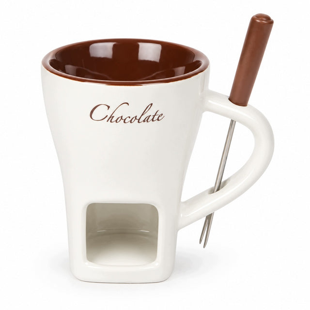 Kubek do Fondue Czekoladowego Ceramiczny + Widelczyk Zestaw Prezentowy miseczka na słodkie przekąski, owoce, biała