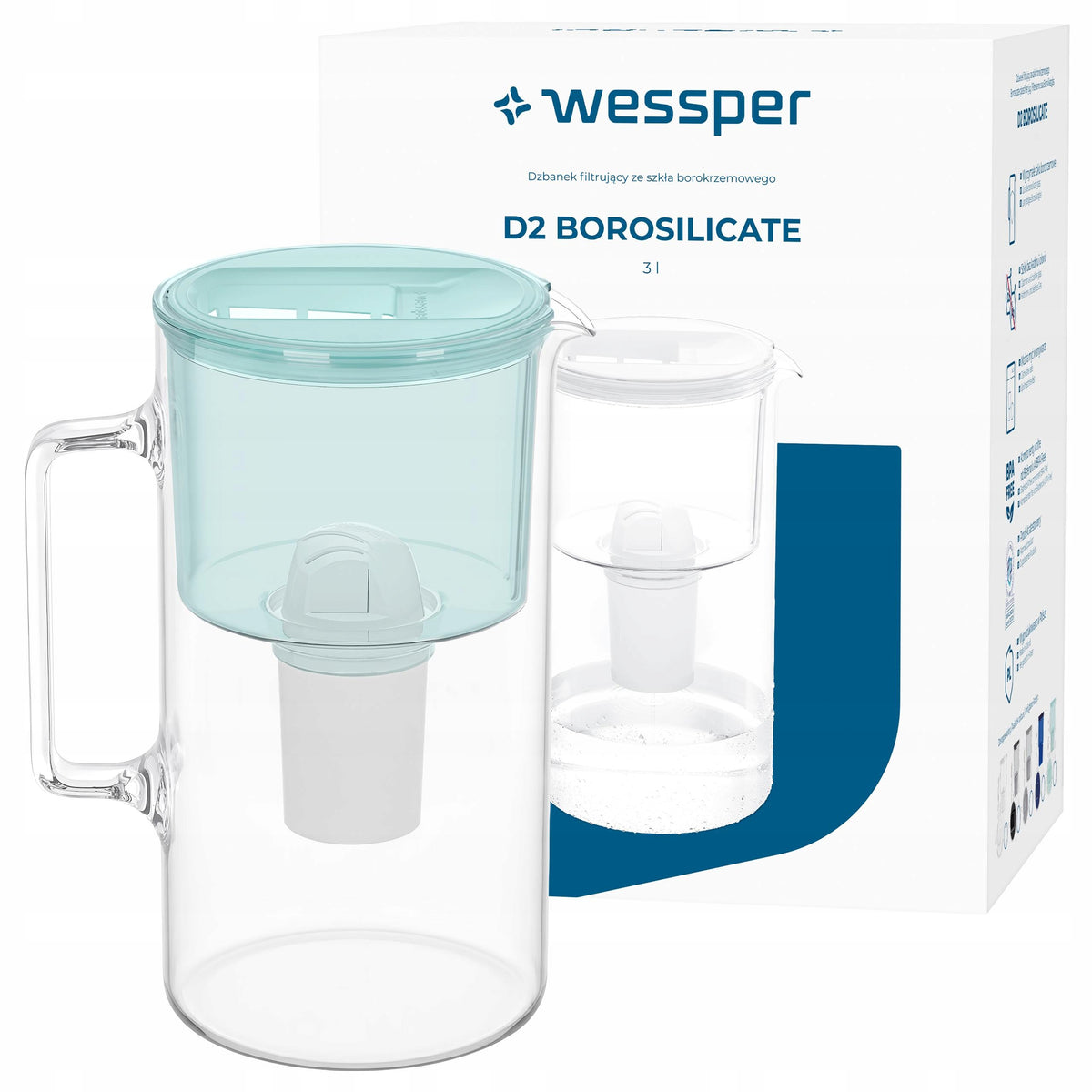 Szklany dzbanek filtrujący Wessper D2 borosilicate 3l miętowy + filtr zielony