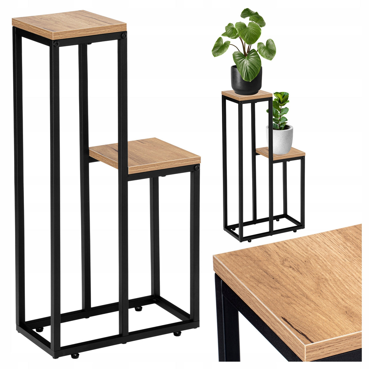 Kwietnik stojący czarny metalowy stojak na kwiaty loftowy industrialny 67cm do 2 donic, dekoracja salonu, balkonu lub