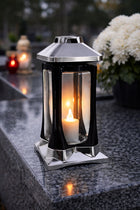 Znicz K-22 Srebrny Nowoczesny Design czerń i Srebro Wysoki 27cm VIP Znicz lampion nagrobny LED na cmentarz, dekoracja