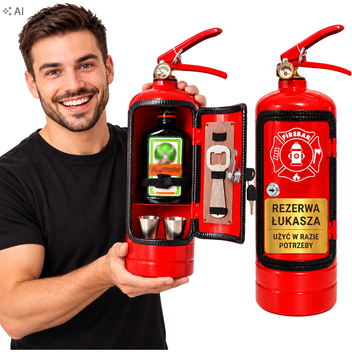 Prezent na urodziny święta dla mężczyzny chłopaka faceta gaśnica barek stojak na alkohol, miniaturowy pojemnik na