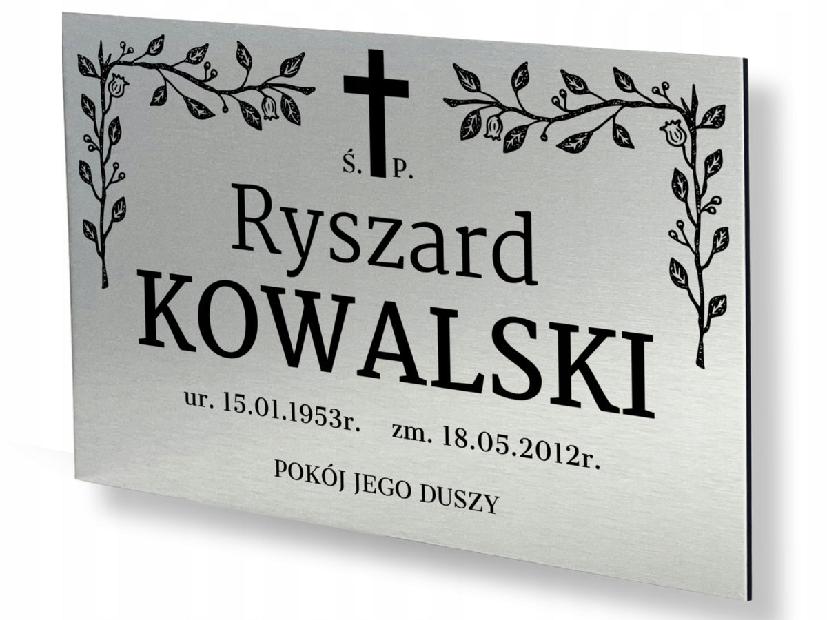 Tabliczka nagrobkowa nagrobna grób krzyż 30x20cm UV Srebrna Szczotkowana tablica na cmentarz z tworzywa sztucznego