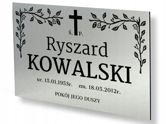 Tabliczka nagrobkowa nagrobna grób krzyż 30x20cm UV Srebrna Szczotkowana tablica na cmentarz z tworzywa sztucznego, oznaczenie miejsca pochówku