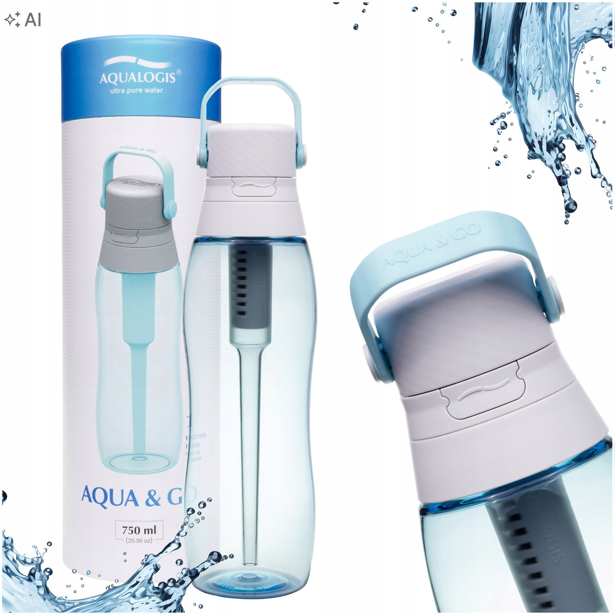 Butelka Filtrująca Bidon z Filtrem Aqualogis Aqua&Go Tritan Niebieska 750ml niebieski