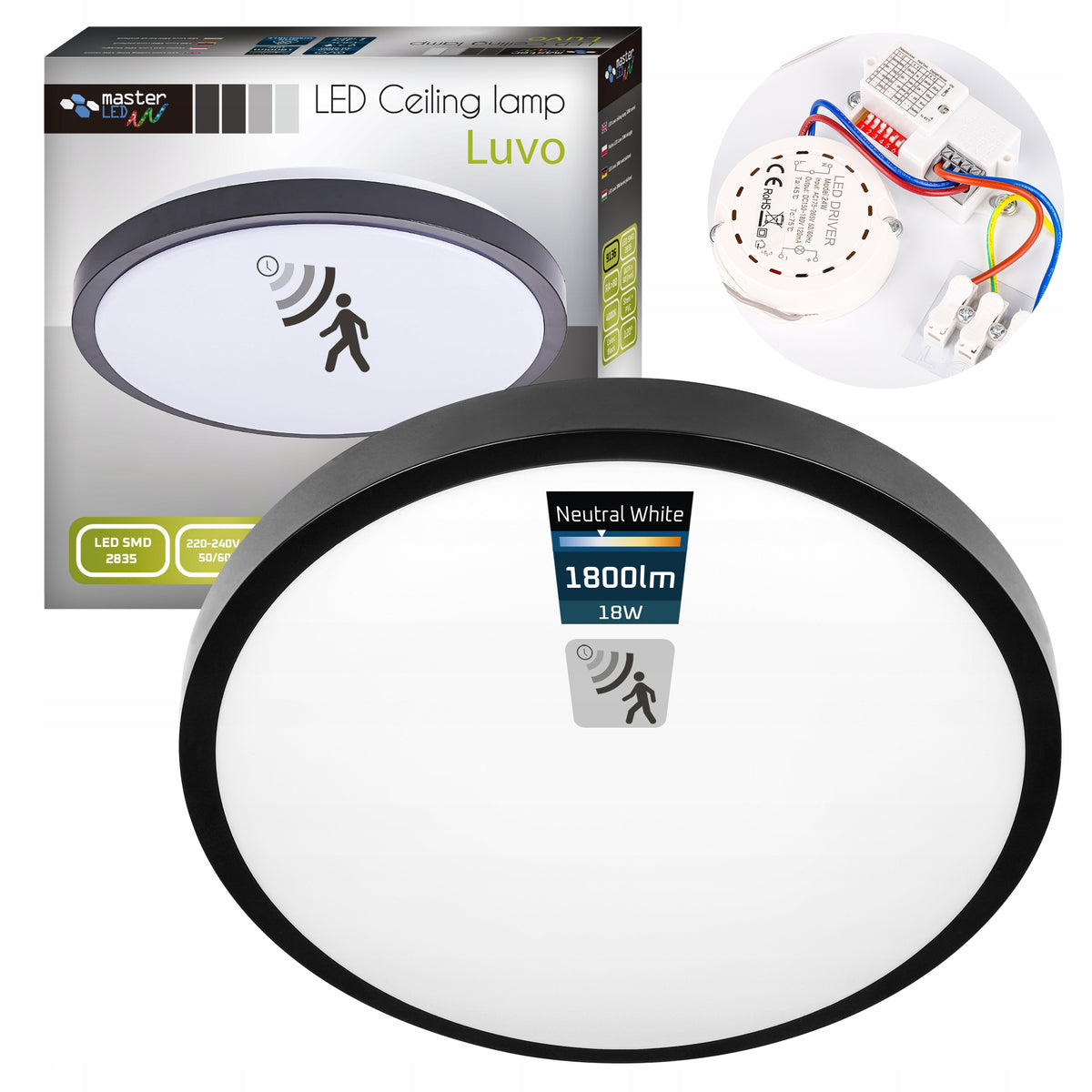 Lampa Sufitowa Led z Czujnikiem Ruchu Plafon Panel Natynkowy 18W 4000K oprawa oświetleniowa do korytarza, czarna
