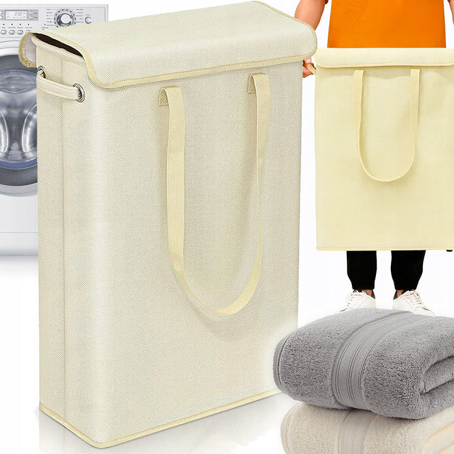 Wąski kosz na pranie pojemnik z uchwytami 45l beżowy bieliznę zabawki klapa tekstylny organizer odzieży, wolnostojący, 39x19x60 cm