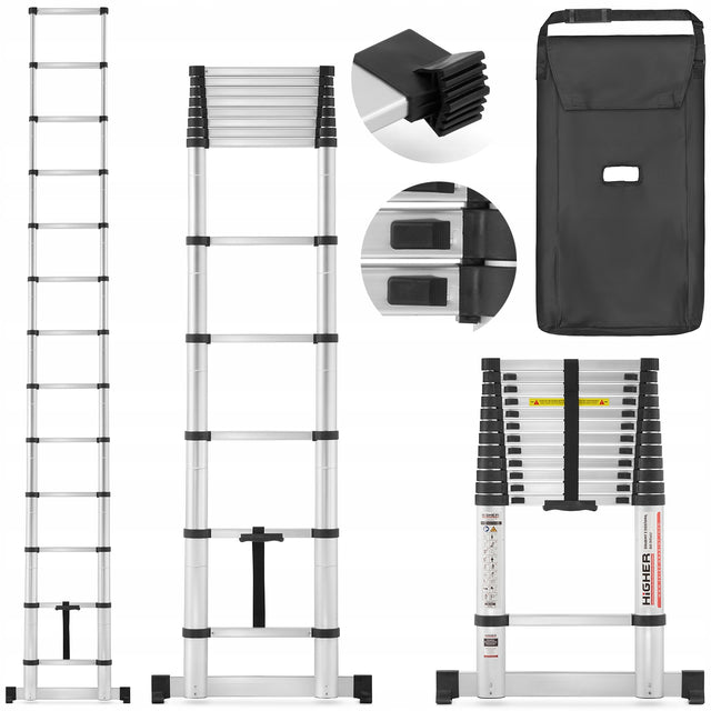 Drabina aluminiowa teleskopowa składana przystawna rozsuwana higher 3,8m do remontu i prac montażowych, udźwig 150 kg, wysokość robocza 5,1 m