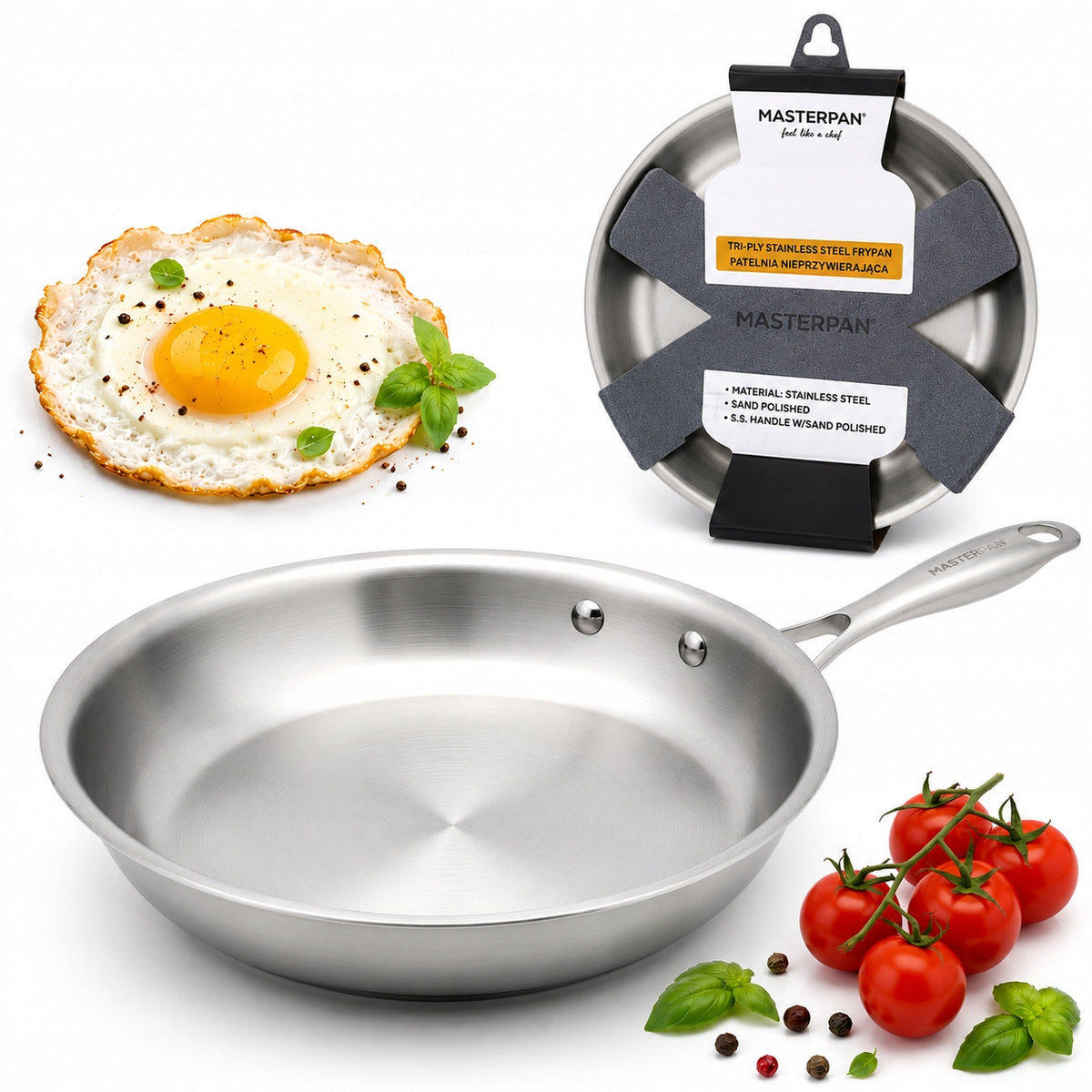 Patelnia stalowa 24cm ze stali nierdzewnej indukcja masterpan do smażenia, na kuchenkę gazową, elektryczną i