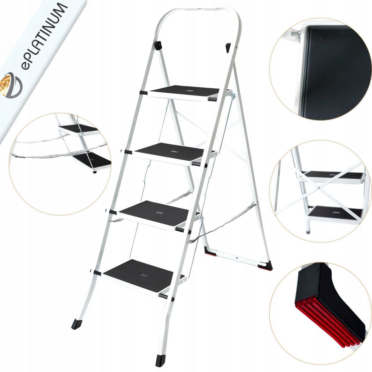 Drabina domowa drabinka 4STOPNIOWA składana stalowa 150kg solidna biała schodki do prac remontowych, podest 92 cm