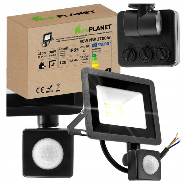 Halogen LED 30W 2700lm Lampa z Czujnik Ruchu Zmierzchu Naświetlacz IP65 reflektor zewnętrzny, białe neutralne światło 4500 K do oświetlenia posesji