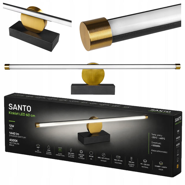 Kinkiet Łazienkowy Nad Lustro LED Lampa Ścienna 60cm 12W 4000K Czarny Złoty do makijażu, neutralna biel, jasność 1440 lm