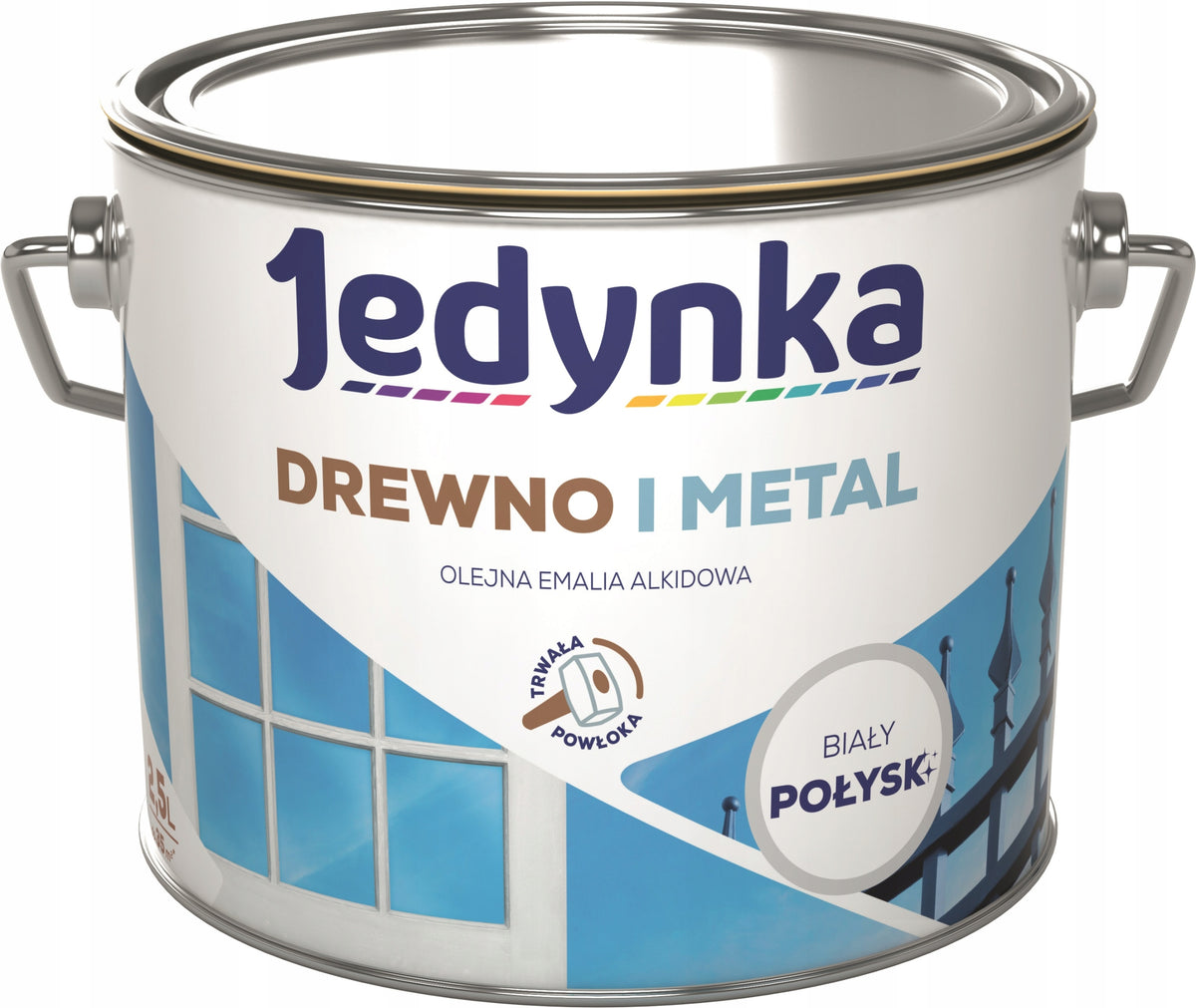 Jedynka farba olejna do drewna i metalu ftalowa biała połysk 2.5l alkidowa emalia uniwersalna na zewnątrz, wydajność 14