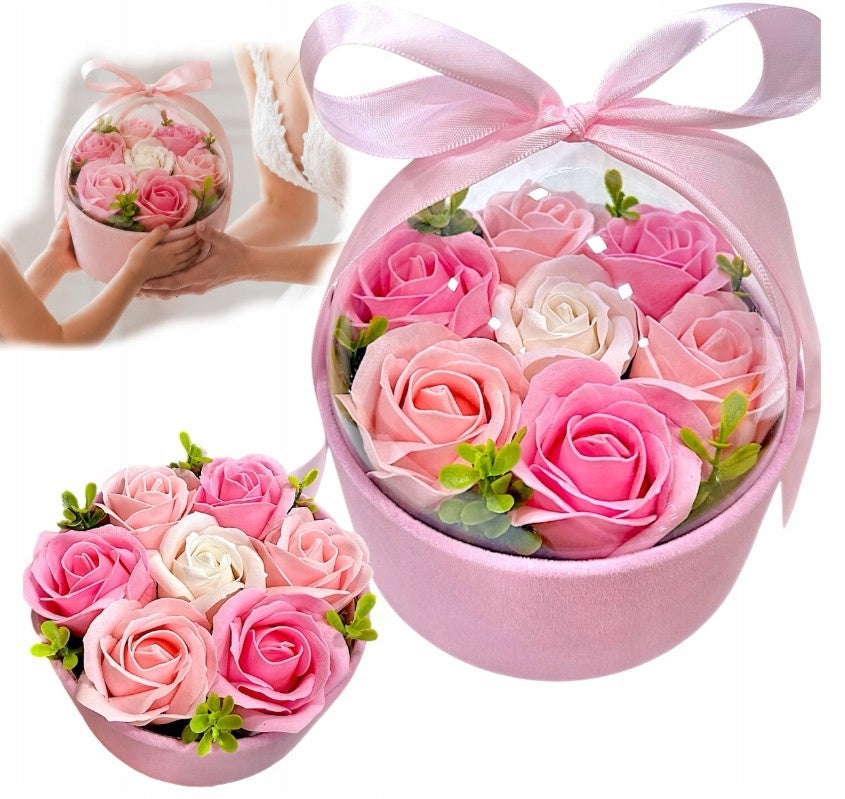 FLOWERBOX KWIATY MYDLANE BUKIET KWIATÓW W PUDEŁKU DLA NAUCZYCIELKI RÓŻE mydełka ozdobne, prezent okolicznościowy