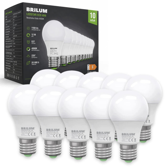 10x Żarówka LED E27 12W SMD 4000K neutralna Premium brilum nie mruga 1160 lm, tradycyjny kształt, do lamp i opraw domowych