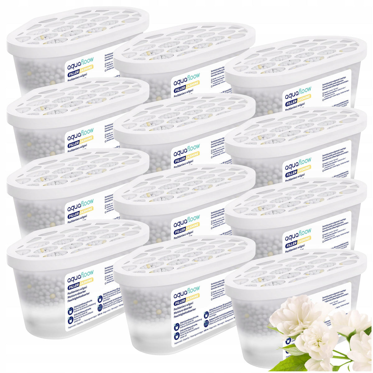 Pochłaniacz wilgoci osuszacz na wilgoć jaśminowy 400 ml AquaFloow 12x absorber do łazienki, szafy i piwnicy, zapachowy