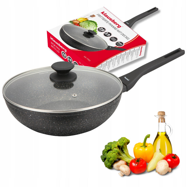 Patelnia WOK 28 cm z pokrywką Marmurowa Indukcja GAZ Non-Stick Klausberg do smażenia i dań azjatyckich, do piekarnika, można myć w zmywarce