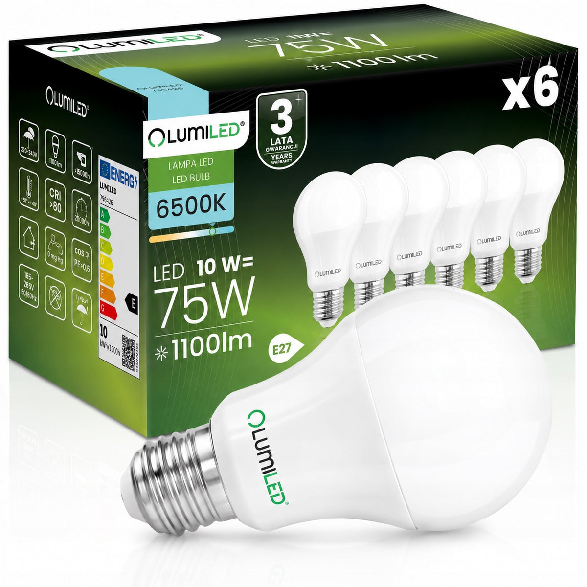 6x Żarówka LED E27 10W = 75W 1100lm 6500K zimna biała premium EMC2 lumiled źródło światła, żarnik do lamp z dużym