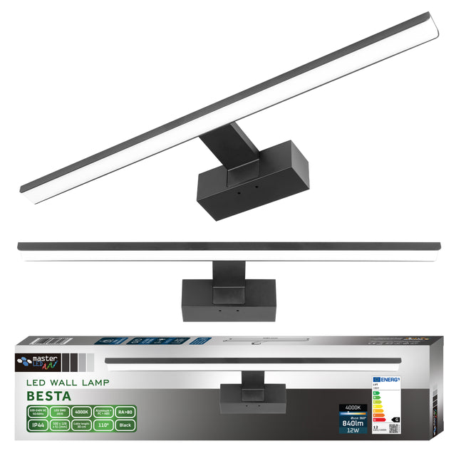 Kinkiet LED łazienkowy Lampa nad lustro 12W 50cm oprawa ścienna czarna aluminiowa do umywalki z wbudowanym źródłem światła
