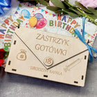Pudełko koperta na pieniądze prezent na 18 urodziny 18STKE zastrzyk gotówki ramka z życzeniami, grawerowana pamiątka