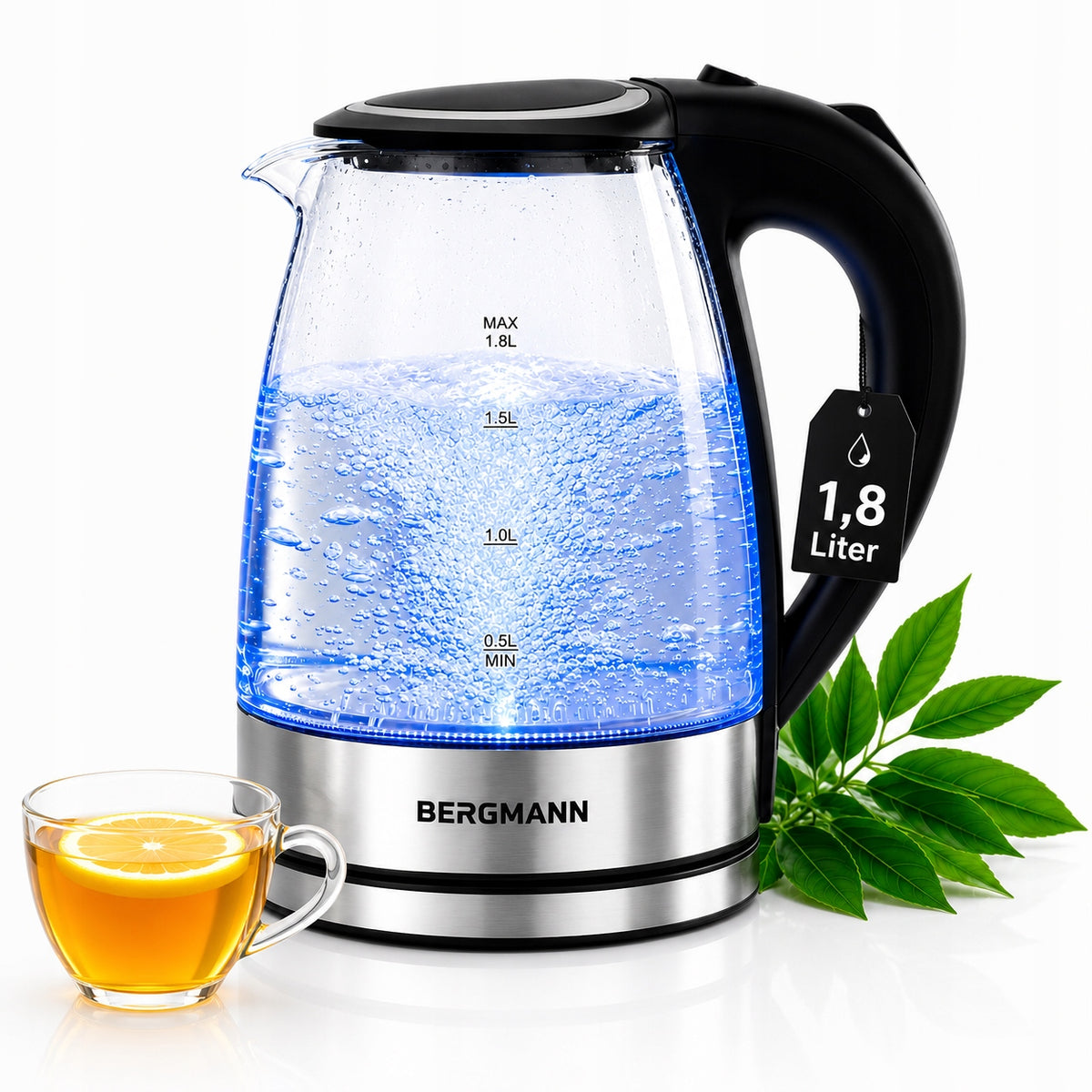 Czajnik elektryczny szklany bergmann 1,8l 2200W pokrywa na przycisk LED 1.8 l 2200 w srebrny/szary szkło, tworzywo