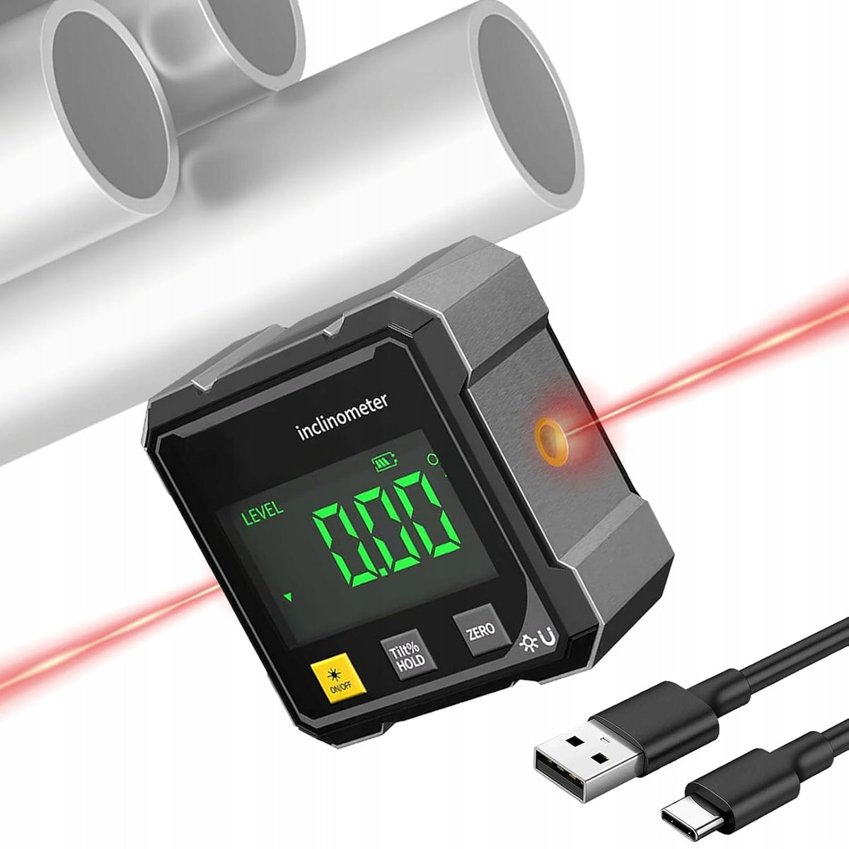 Laserowy kątomierz cyfrowy inklinometr USB ładowalny - magnetyczny miernik nachylenia, poziomica elektroniczna, pomiar