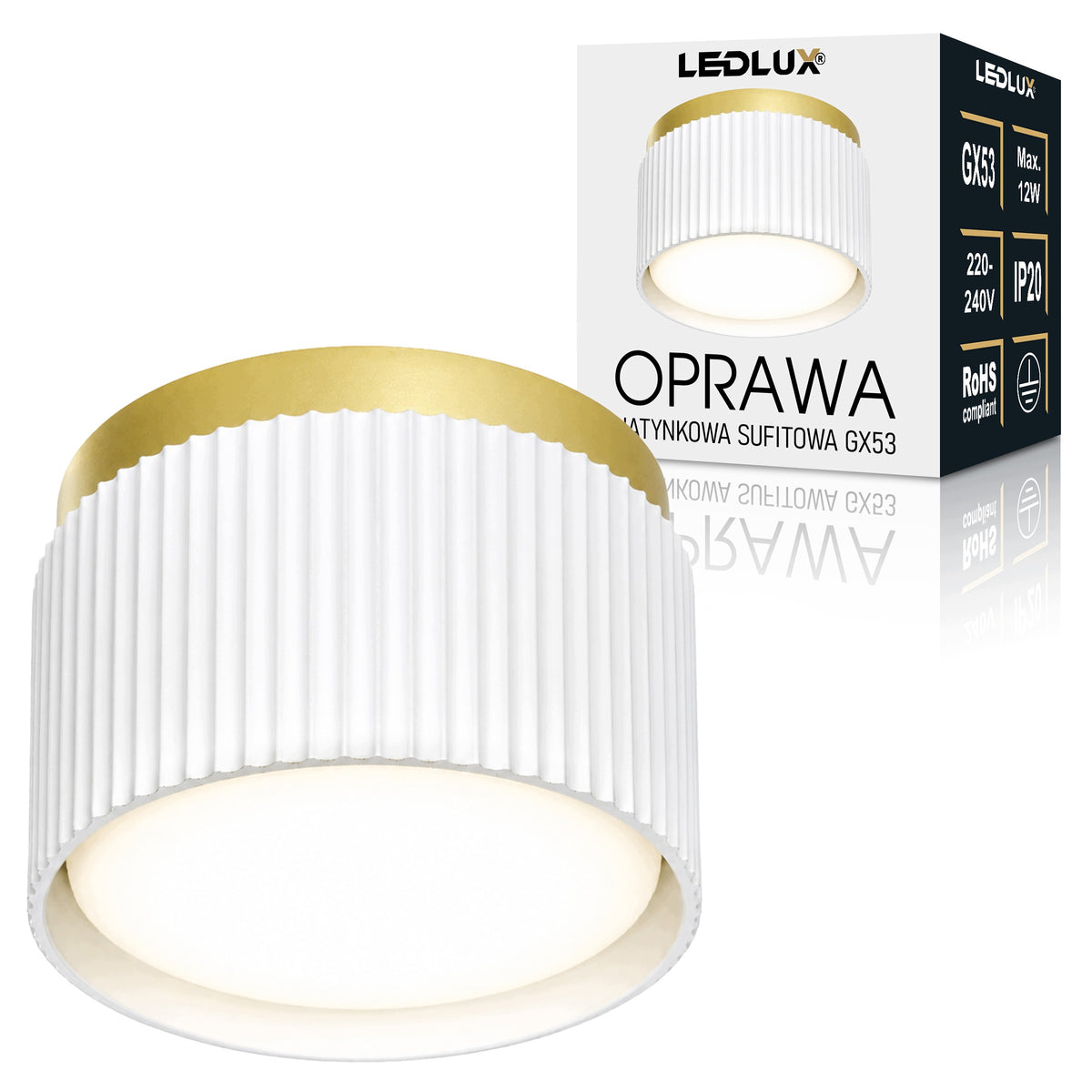 Oprawa Halogenowa GX53 Lampa Sufitowa TUBA LED Natynkowa Ryflowana SPOT oczko okrągłe białe złote do wnętrz, 12 W