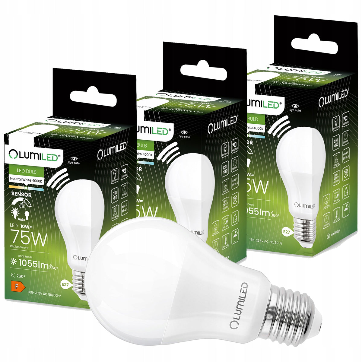 3x Żarówka LED E27 A60 10W czujnik ruchu 4000K 1055lm Neutralna NIE mruga automatyczne oświetlenie do korytarza, garażu