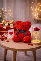 Zestaw prezentowy wieczna róża w szkle LED miś z róż w pudełku flower box ozdoba walentynkowa 26 cm dekoracja świetlna