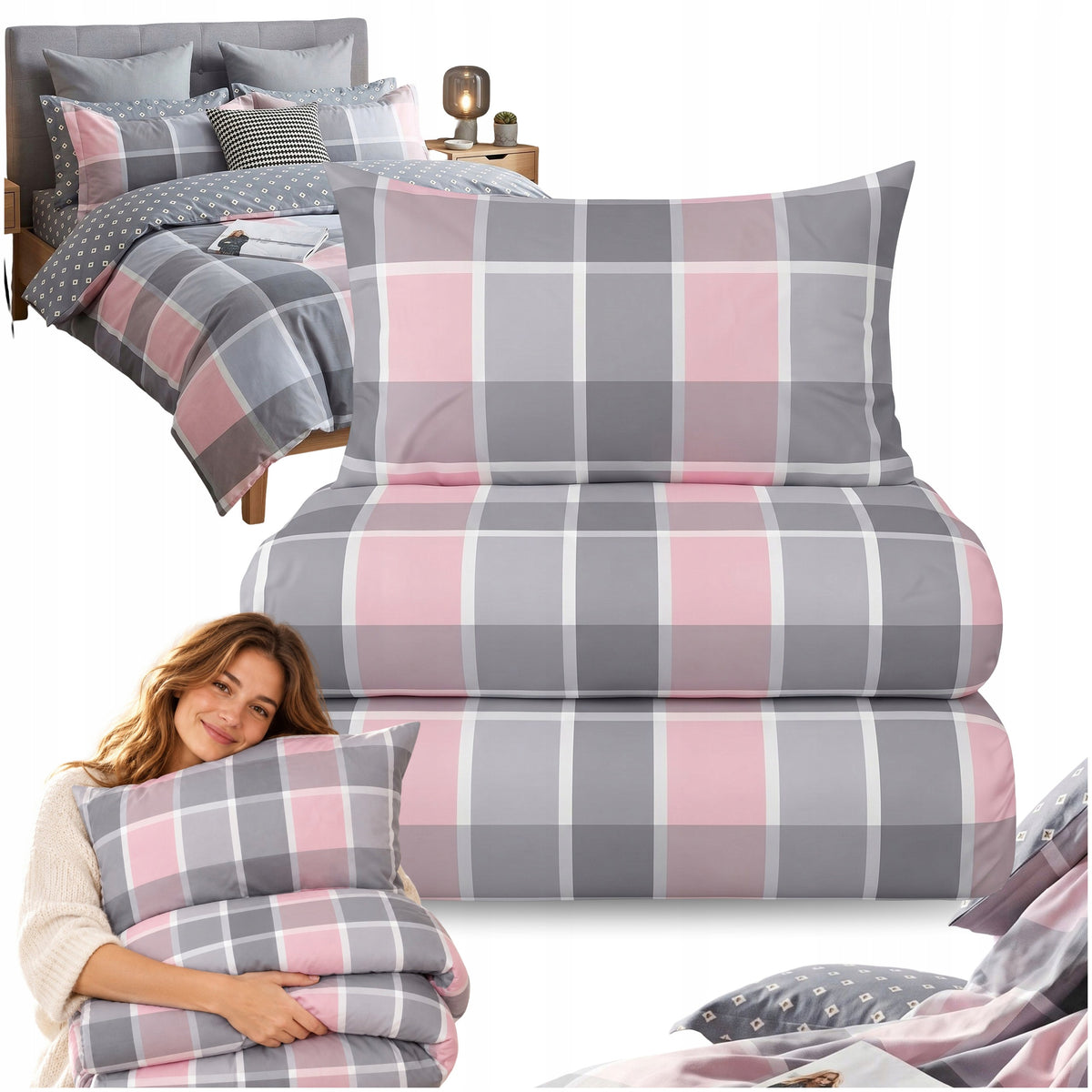 Pościel 200x220 Bawełniana Dwustronna - 100% naturalna prawdziwa bawełna zestaw 3 części, satyna, poszewki 70x80, zamek