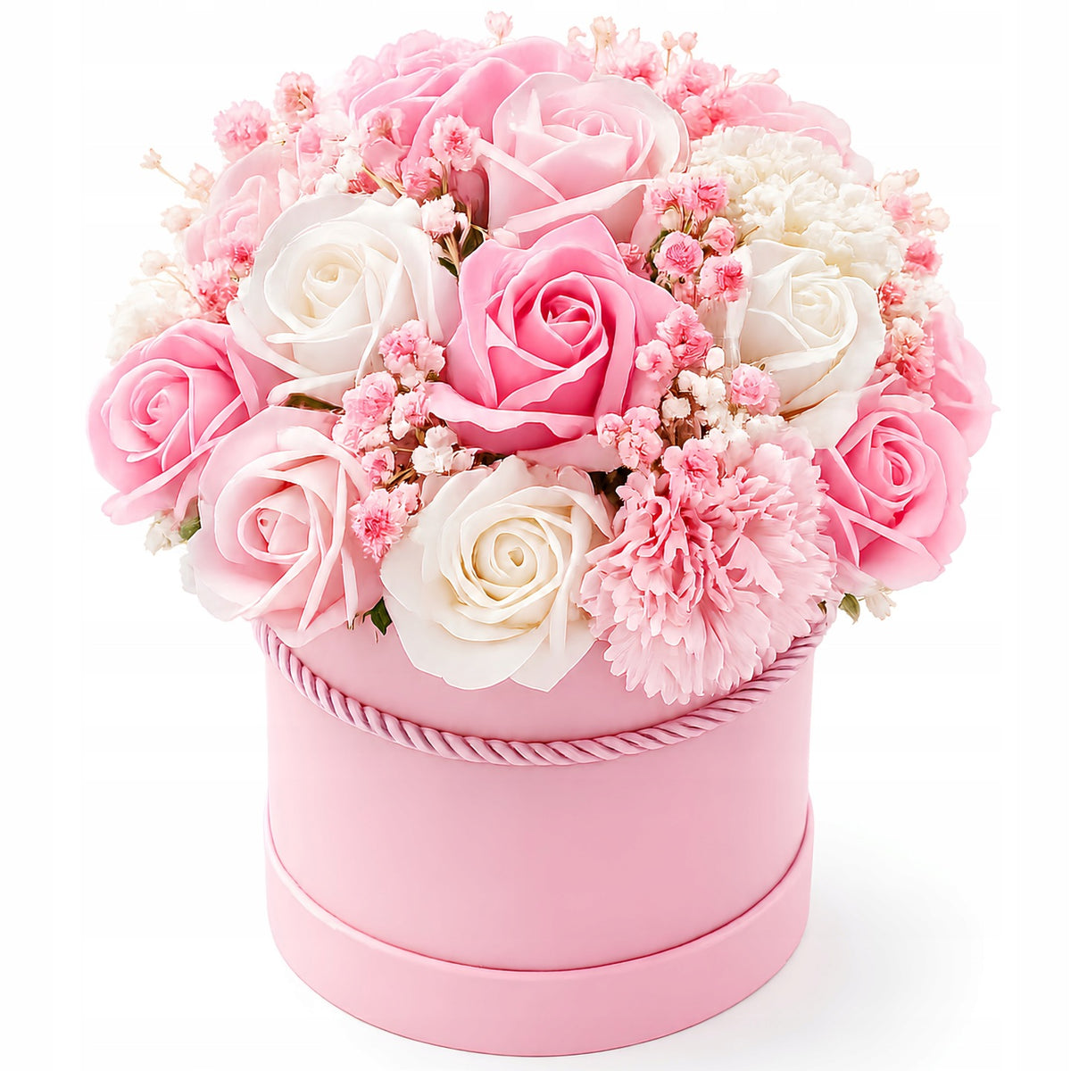 Flowerbox z kwiatami mydlanymi 22 SZT bukiet w pudełku prezent flower BOX z gipsówką, dekoracja na Dzień Kobiet