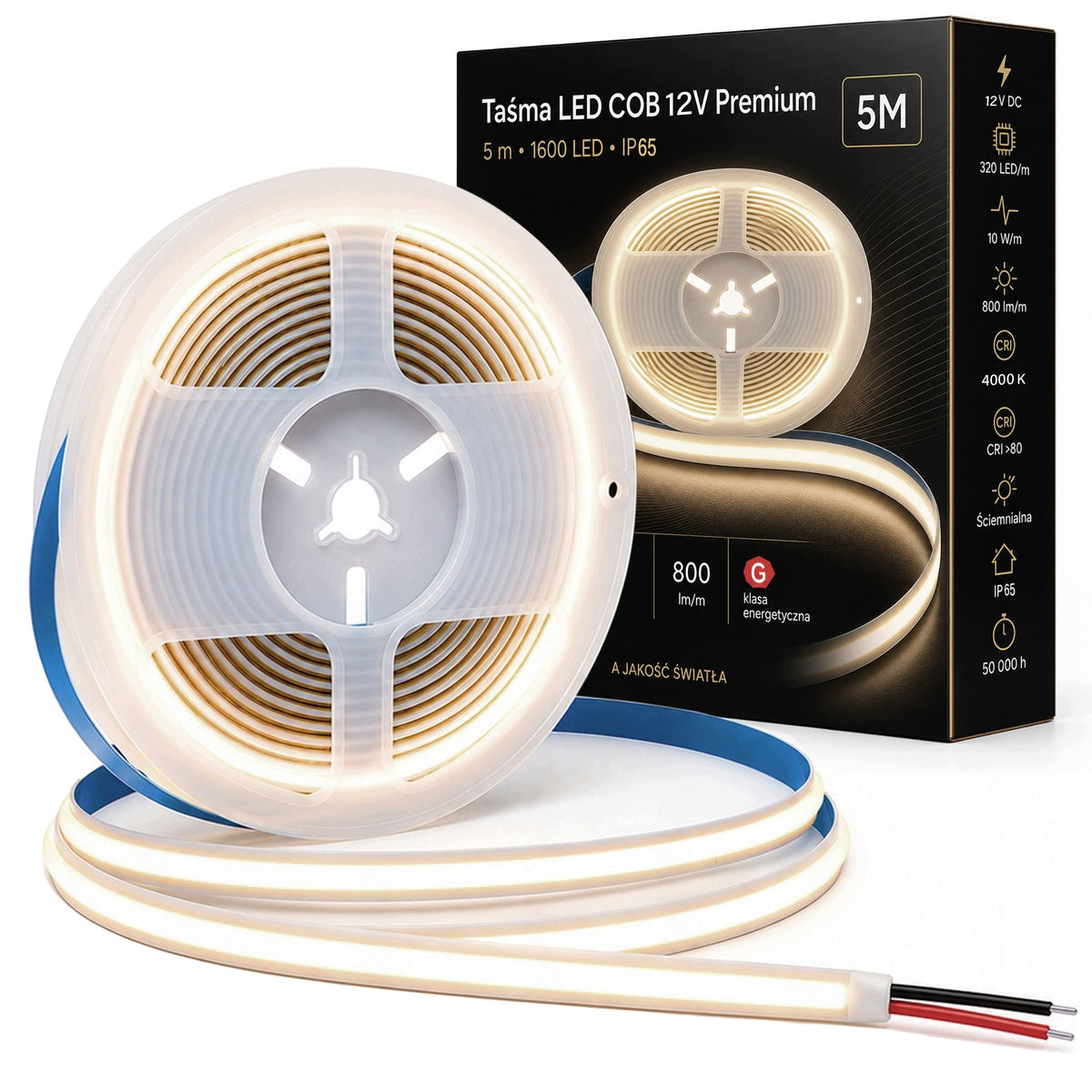 Taśma LED wodoodporna COB 12V 4000K 50W 5m neon Rolka Neutralna IP65 pasek świetlny do podświetlenia mebli i wnęk