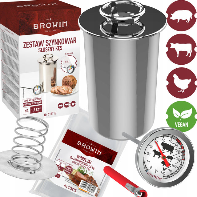 Zestaw szynkowar 1,5kg + termometr + worki 20szt garnek do parzenia mięsa, domowe wędliny, prasowana szynka, sprężyna dociskowa