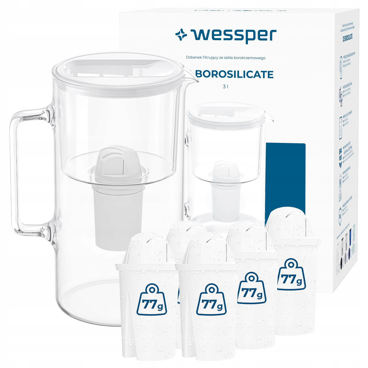 Szklany dzbanek wessper D2 borosilicate aquaclassic 3l + 6x Filtr Wkład dzbanek filtrujący biały