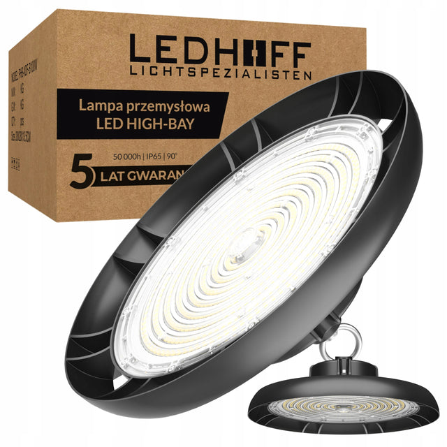 Lampa przemysłowa LED 240W - 150W 40800lm Hermetyczna High Bay magazyn UFO oprawa halowa do hali produkcyjnej, aluminiowa czarna