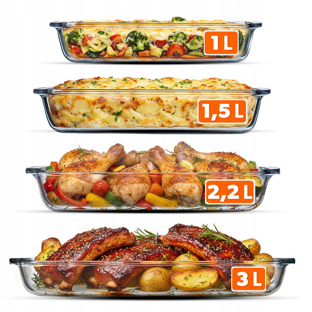 4x naczynie żaroodporne szklane prostokątne do zapiekania piekarnika zestaw brytfanny na lasagne i mięso, mikrofala, zmywarka, zamrażarka