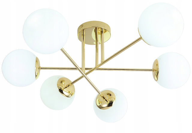 Lampa wisząca sufitowa żyrandol kule zlota nowoczesna Led mleczna plafon 6 punktów światła, szklane klosze, gwint E27, do salonu i jadalni
