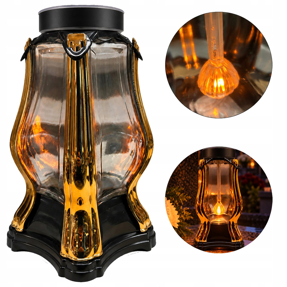 Znicz solarny kapliczka na cmentarz grób złoty elegancki LED - 25cm lampion nagrobny, ozdoba pomnika, ponad 75 h