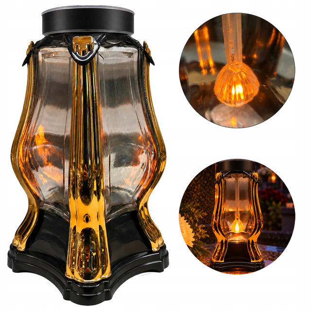 Znicz solarny kapliczka na cmentarz grób złoty elegancki LED - 25cm lampion nagrobny, ozdoba pomnika, ponad 75 h świecenia
